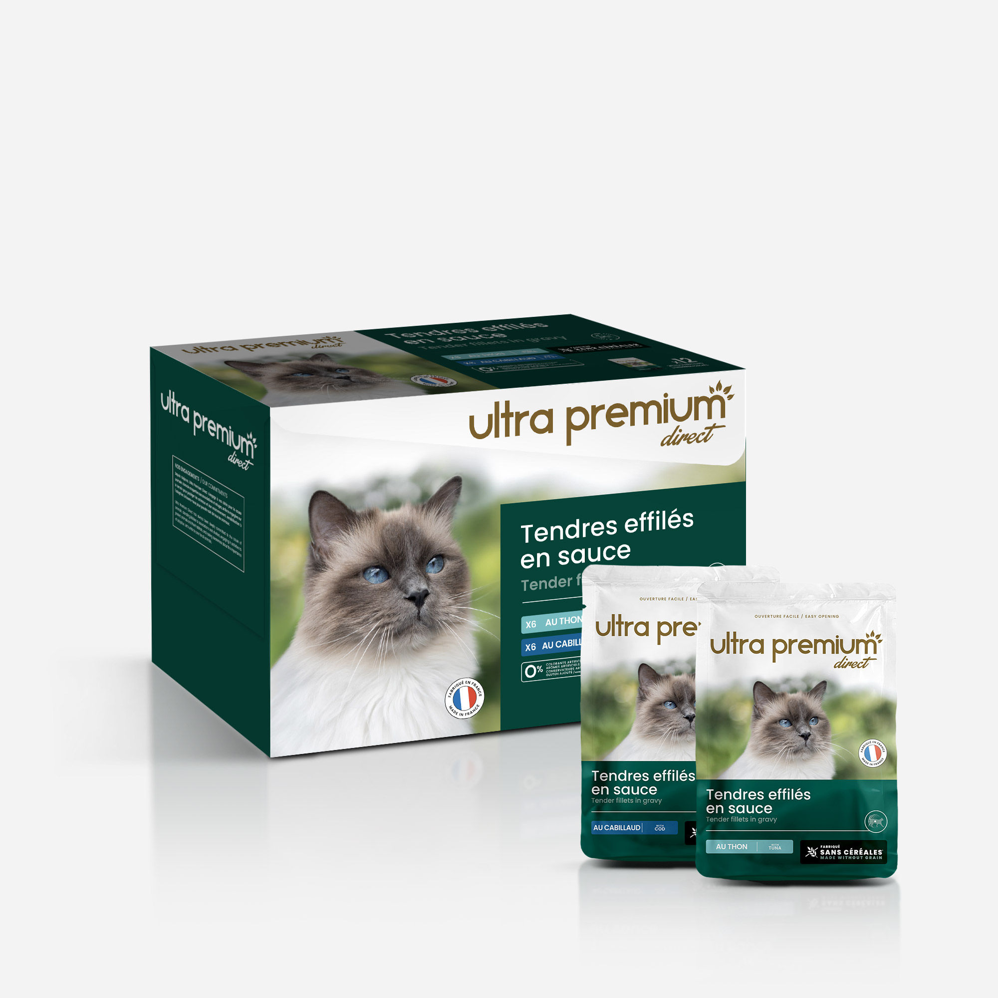 Ultra Premium Direct Effilés en sauce Thon Cabillaud pour chat sans céréales